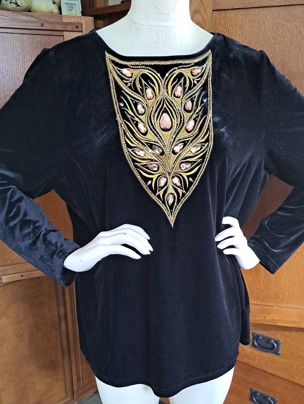 Bob Mackie Wearable Art Black Velvet Embellished Top XL NWT